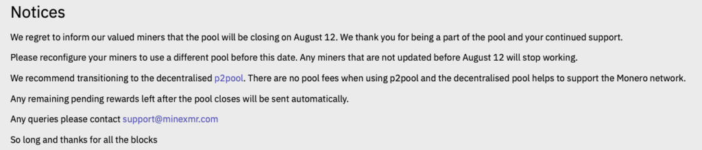 加密貨幣｜門羅幣最大礦池MineXMR將於8月12日關閉｜元宇宙視界傳媒